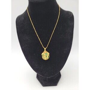 Green Jade Gold Tone Dragon Pendant On 18k Gold Electroplated Chain Necklace